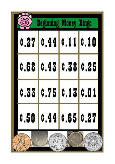 Beginning Money Bingo game