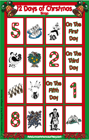 Twelve (12) Days of Christmas Bingo
