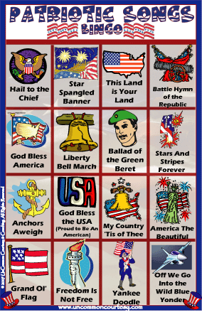 Patriotic Songs Bingo Game